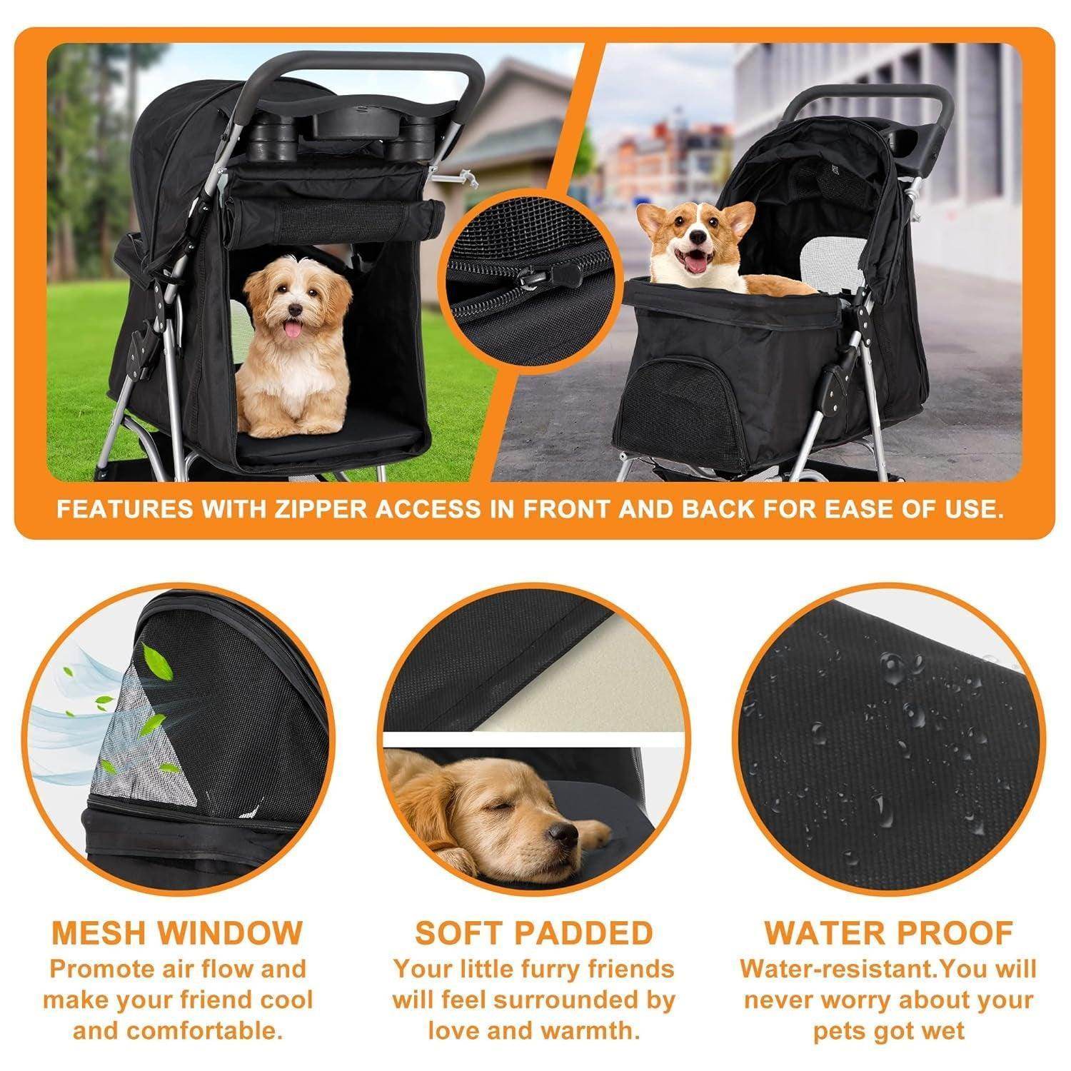 Pet Stroller 4 Wheels Dog Cat Stroller for Small Medium Dogs Cats Foldable Puppy Stroller with Storage Basket and Cup Holder - Simply Petastic