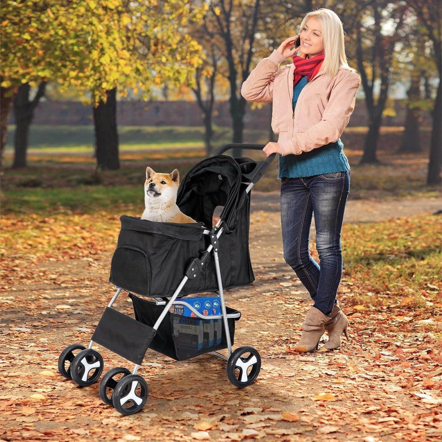 Pet Stroller 4 Wheels Dog Cat Stroller for Small Medium Dogs Cats Foldable Puppy Stroller with Storage Basket and Cup Holder - Simply Petastic