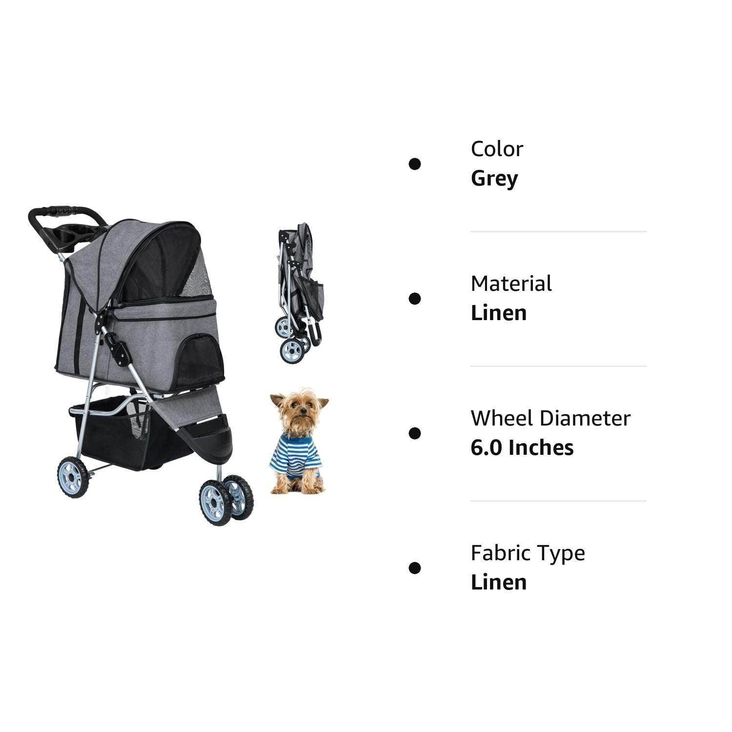 Pet Stroller Dog Cat Jogger Stroller for Medium Small Dogs Cats Folding Lightweight Travel Stroller with Cup Holder (Grey, 3 Wheels) - Simply Petastic