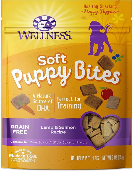wellness Soft Puppy Bites Grain-Free Dog Treats with Real Lamb & Salmon, DHA, and No Artificial Flavors - 3 oz Bag" - Simply Petastic