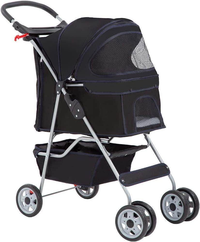 Pet Stroller Cat Dog Cage Stroller Travel Folding Carrier,Black - Simply Petastic