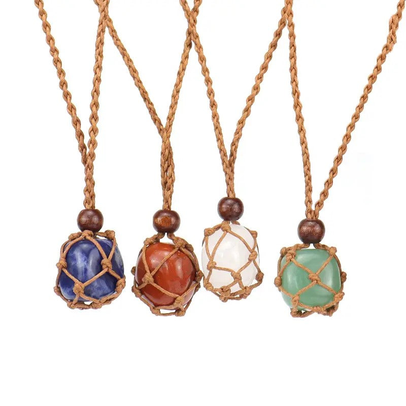 Hand Woven Necklace with Adjustable Rope and Healing Stone