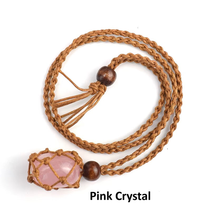 Hand Woven Necklace with Adjustable Rope and Healing Stone