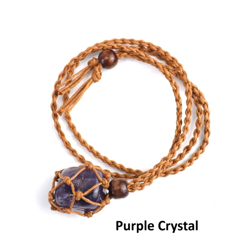 Hand Woven Necklace with Adjustable Rope and Healing Stone