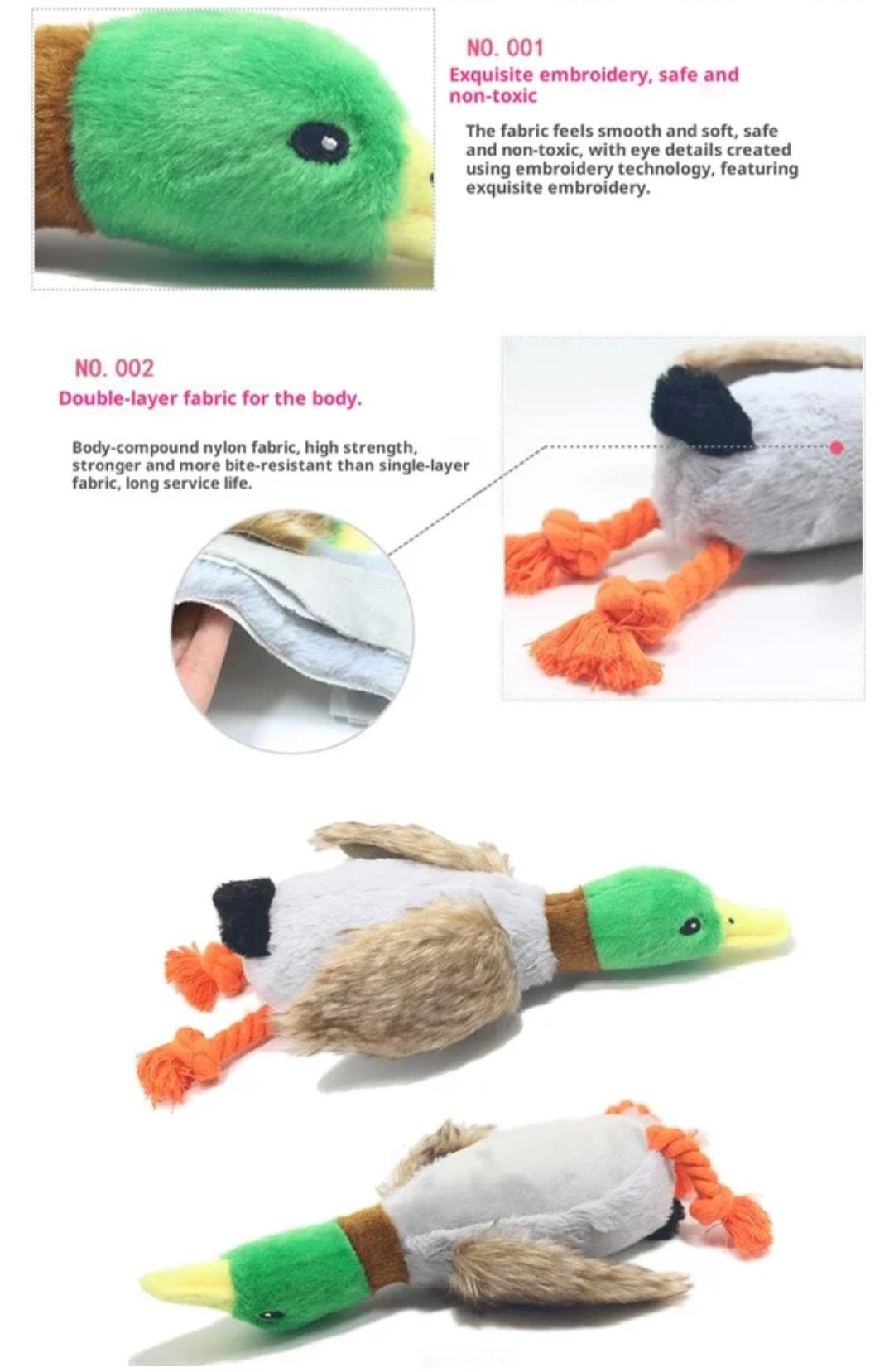 Plush Squeaky Chew Toy Duck with Rope Feet