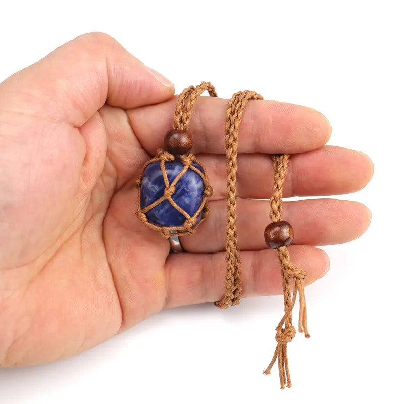 Hand Woven Necklace with Adjustable Rope and Healing Stone