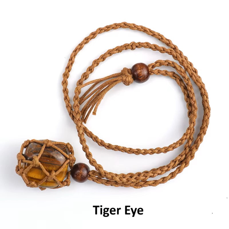 Hand Woven Necklace with Adjustable Rope and Healing Stone
