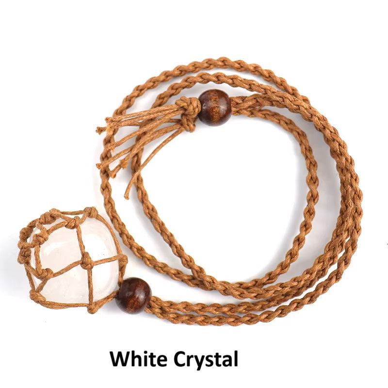 Hand Woven Necklace with Adjustable Rope and Healing Stone